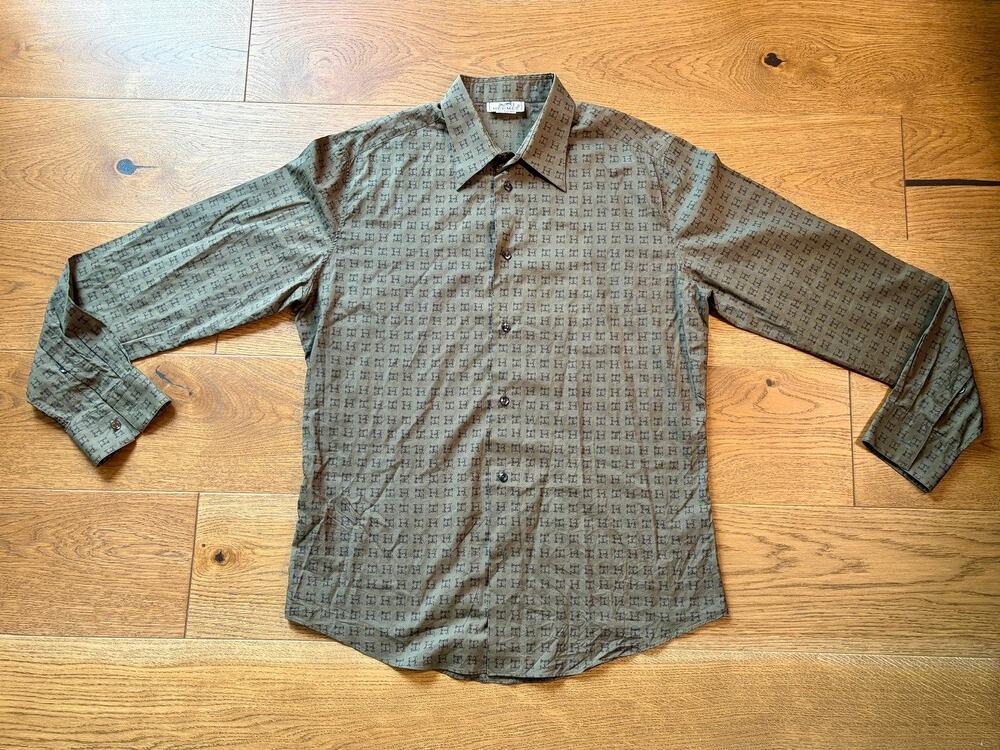 Vintage Hermès "H" Monogram Print Button-Up Shirt Green Sz L